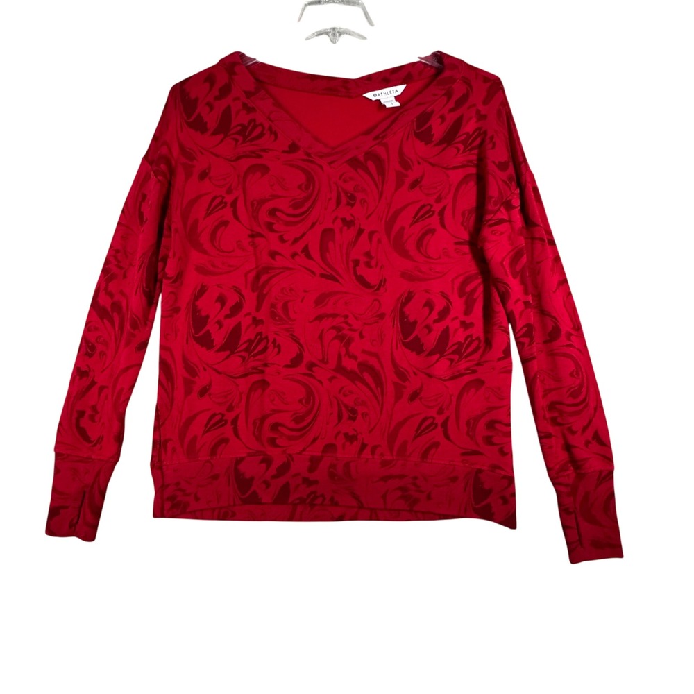 Athleta Shirt Red Coaster Luxe Floral Print Pullover Sweatshirt Thumb Hole Small